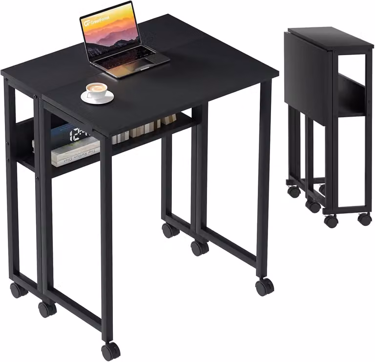 Scrivania pieghevole - Scrivania per computer - Con rotelle - Portatile - Con spazio contenitivo - Struttura in metallo - 80x50x75 cm - Compatta - Nera