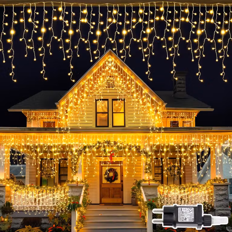 Catena luminosa da 10 metri, effetto "pioggia di ghiaccio", 408 LED, luce bianco caldo