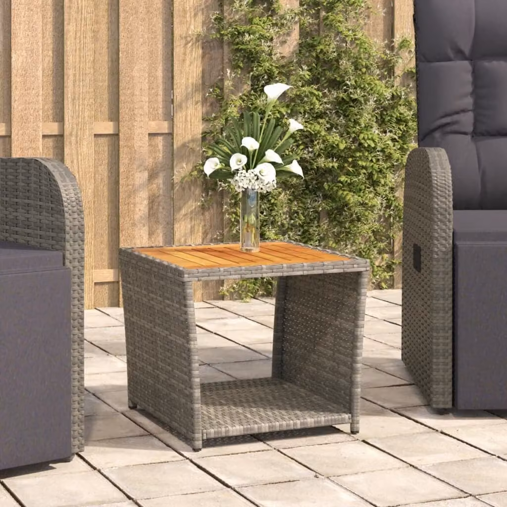 The Living Store Tavolino con piano in legno in poly rattan grigio e legno di acacia