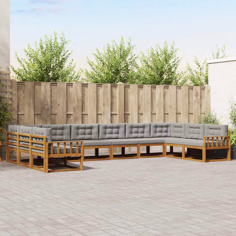 vidaXL Set di divani da esterno a forma di U in legno di acacia con cuscini, Grigio e Marrone