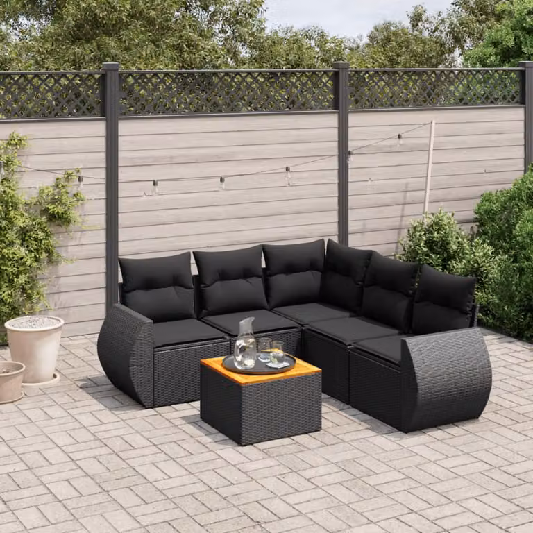 vidaXL Set Divano da Giardino a L 6 pz in Polyrattan Nero con Cuscini e Tavolino