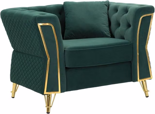 Poltrona moderna GIORDANOSHOP in velluto verde e oro con braccioli e struttura in legno e metallo L: 104 cm, P: 83 cm, H: 76 cm