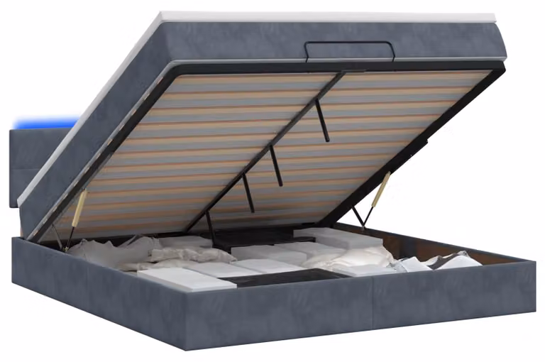 Panca contenitore con materasso e illuminazione LED, colore grigio scuro, 140 x 190 cm, rivestita in velluto