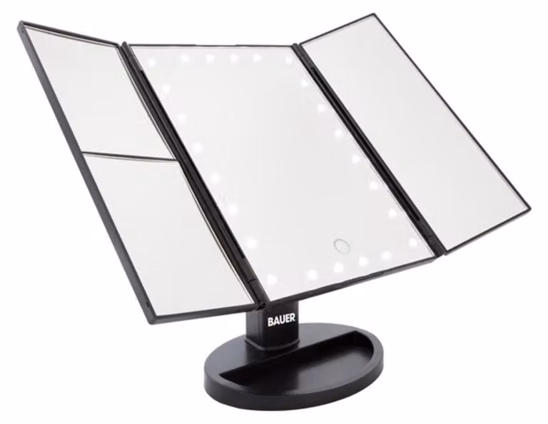 Specchio pieghevole con luci LED, 24 LED, controllo touch, porta USB, regolabile, dimensioni 27x18x10 cm