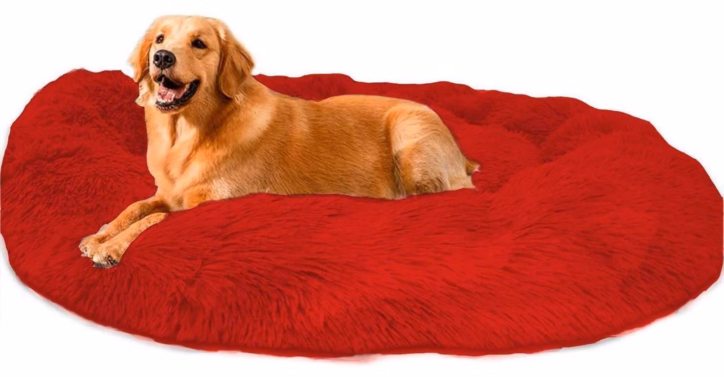 Cuccia per cani a forma di ciambella, 90 cm di diametro, colore rosso, in peluche, lavabile, adatta per cani di grossa taglia