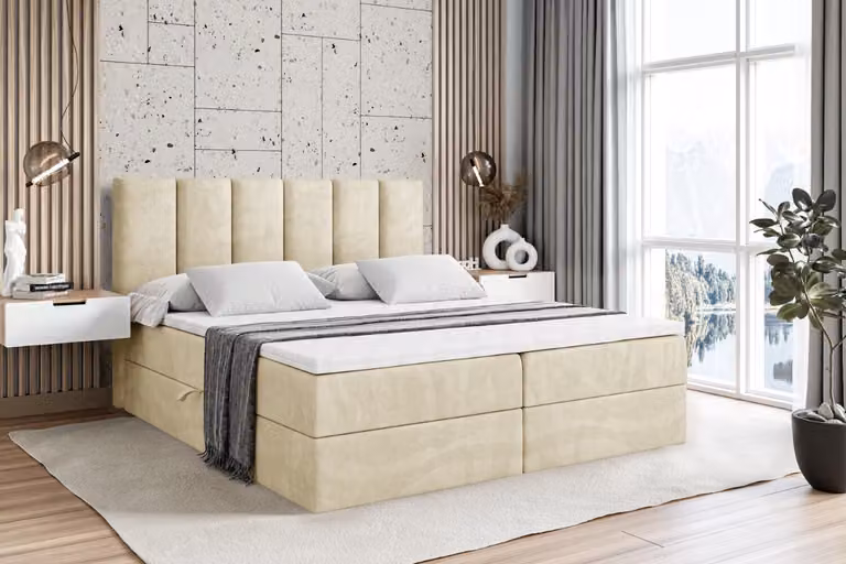 Letto boxspring ALTDECOR con testiera e contenitore BOXI1, letto imbottito con materasso H3 - 200x200 - Velluto beige