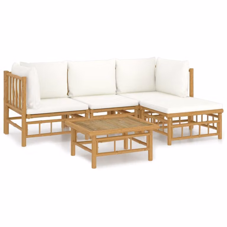 Set Salotto da Giardino 5pz con Cuscini Bianco Crema in Bambù