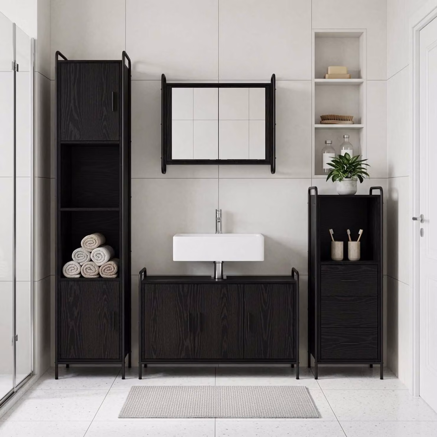 vidaXL Set di Armadi da Bagno 3 pz Rovere Nero 40 x 36 x 109,5 cm