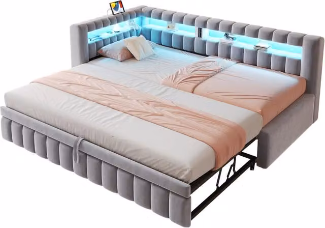 Divano letto 90x200 cm in velluto grigio chiaro con LED， USB e contenitore， senza materasso