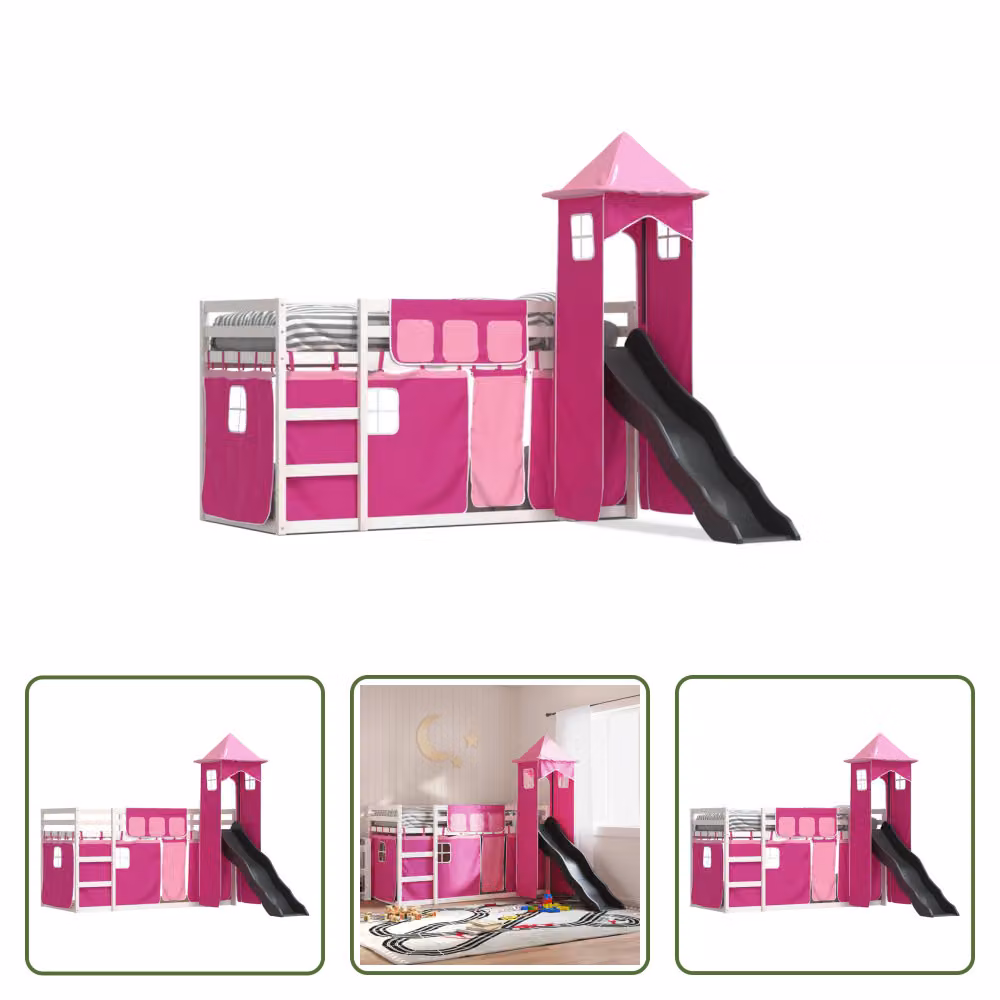 The Living Store Letto a castello con scivolo e tende Rosa 90x200 cm