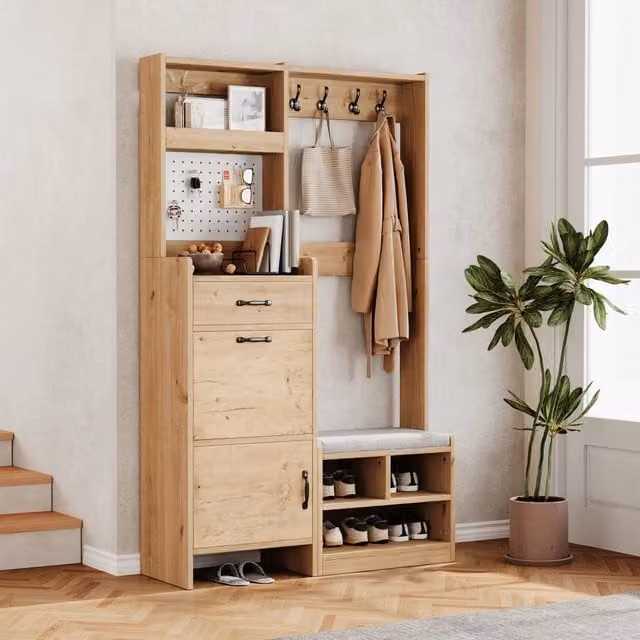 Mobile da ingresso con panca, 2 ante, cassetto e 4 ganci, in truciolare bianco e naturale, 108.5 × 35 × 180 cm
