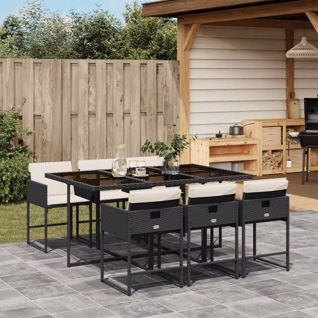 Set da Pranzo da Giardino vidaXL 7 pz in Polyrattan Nero con Piano in Vetro e Cuscini – 1