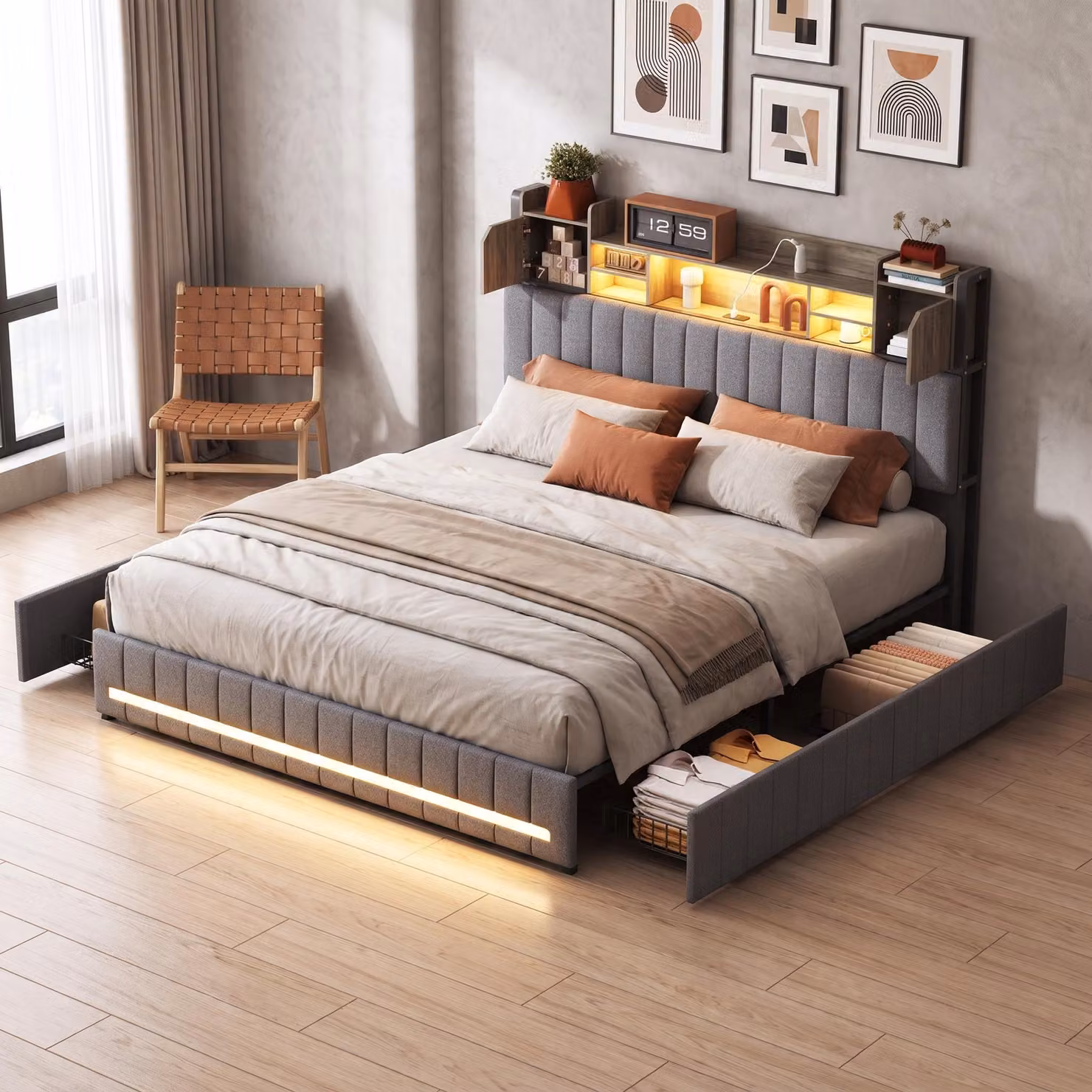 Letto imbottito INONEFT, 140x200 cm, con porta USB e illuminazione LED, letto matrimoniale con contenitore e 4 cassetti, testiera con spazio contenitore, rete a doghe, lenzuola, colore grigio