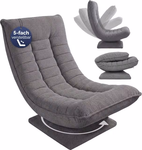 Poltrona relax Aberdeen Casaria grigia in velluto a coste, girevole a 360° e regolabile in 5 posizioni con struttura in metallo