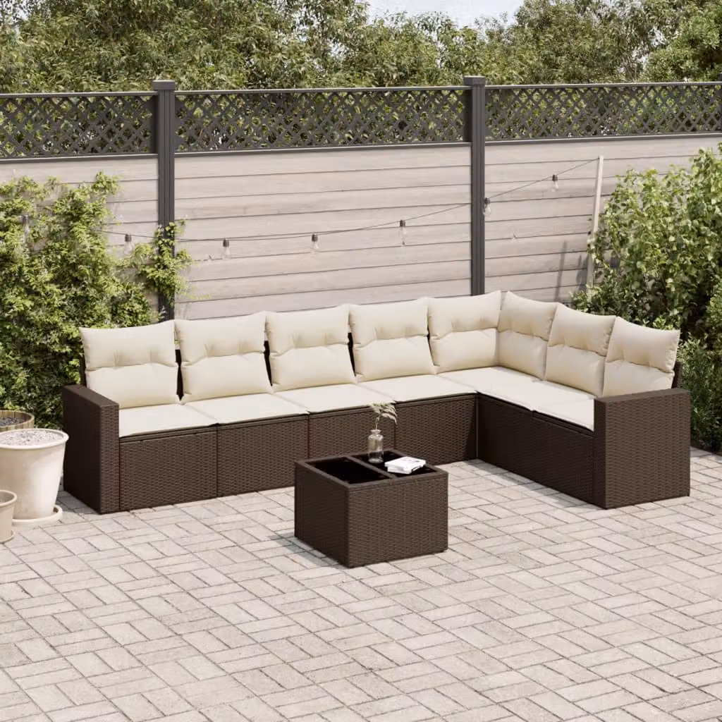 Set di divani da giardino vidaXL 8 pz in polyrattan marrone con cuscini bianchi e tavolino da esterno – 1