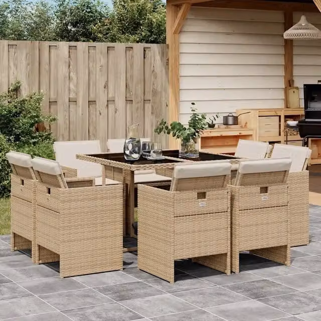 Set da pranzo da giardino vidaXL in polyrattan con tavolo in vetro e 9 pezzi con cuscini beige