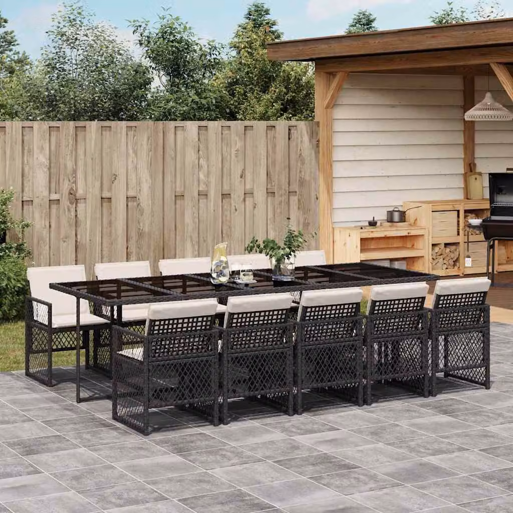 vidaXL Set da Pranzo da Giardino 11 pz in Polyrattan con Cuscini e Tavolo in Vetro Nero e Bianco – 1