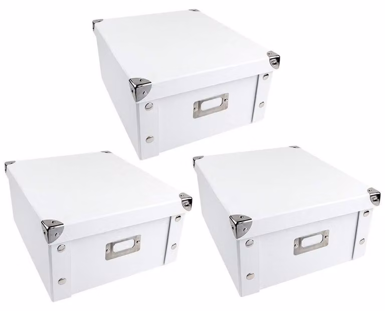 Idee con il cuore Scatole portaoggetti | Set da 3 | Scatola portaoggetti con coperchio | pieghevole | in cartone e metallo | 11 litri | 31 cm x 26 cm x 14 cm ciascuna (bianco)