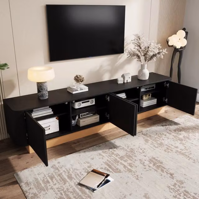 Mobile TV a 4 ante con ripiani regolabili e passacavi in MDF nero con angoli arrotondati 200 × 40 × 47;5 cm