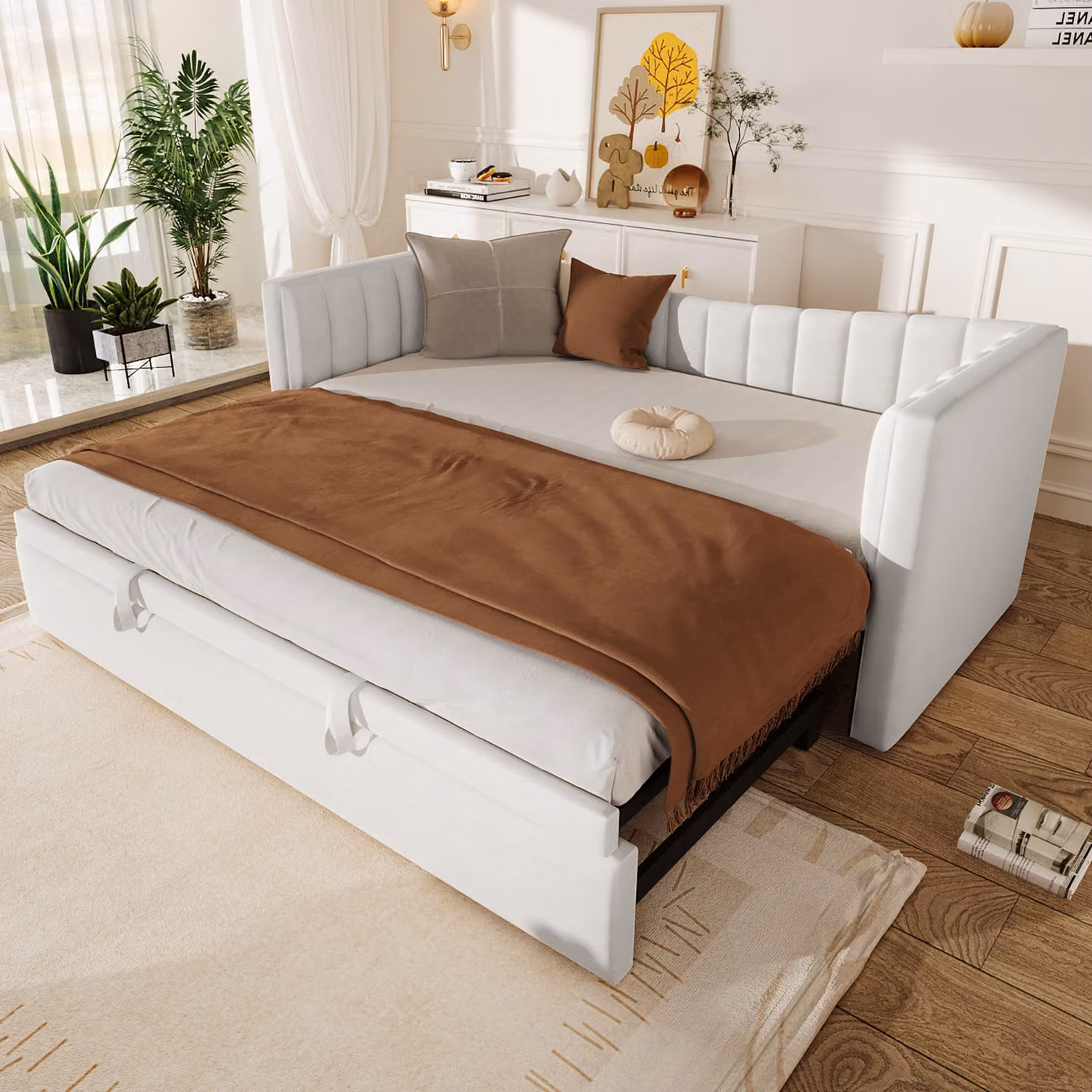okwish Divano letto con materasso sfoderabile, 90/180x200cm, velluto, senza materasso, bianco