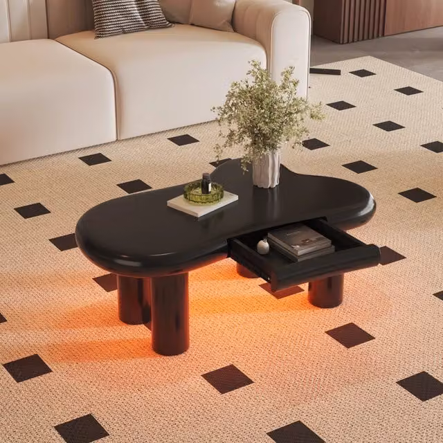 Tavolino da salotto Zephmum nero lucido con design ovale e cassetto, L: 80 cm, P: 65,5 cm, H: 40 cm