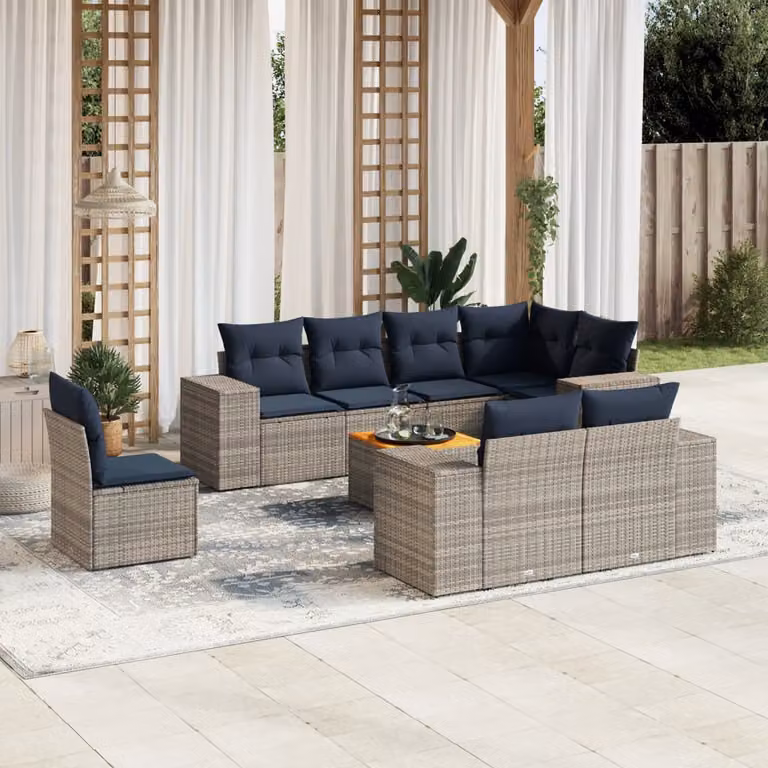 Set Divani da Giardino vidaXL 9 pz in Polyrattan Grigio con Cuscini e Tavolino da Esterno a Forma di U