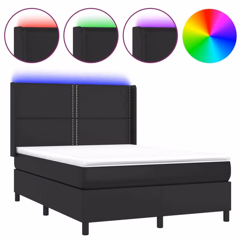 Giroletto a Molle con Materasso e LED Nero 140x200cm Pelle finta