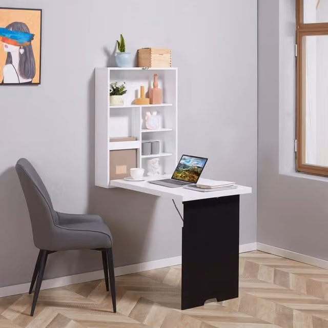 Scrivania a parete pieghevole 60x94.5x147 cm con 5 scomparti e lavagna in MDF nero