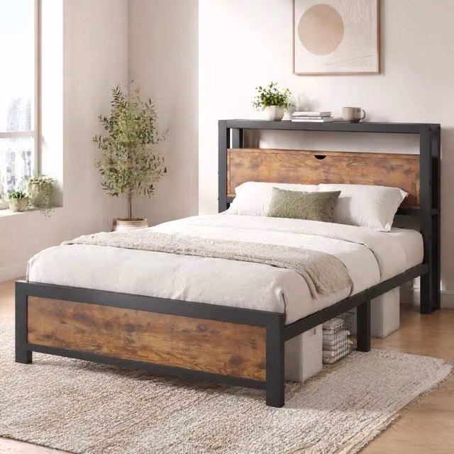 Letto singolo 90 × 200 cm con testiera contenitore in metallo e MDF naturale con rete a doghe