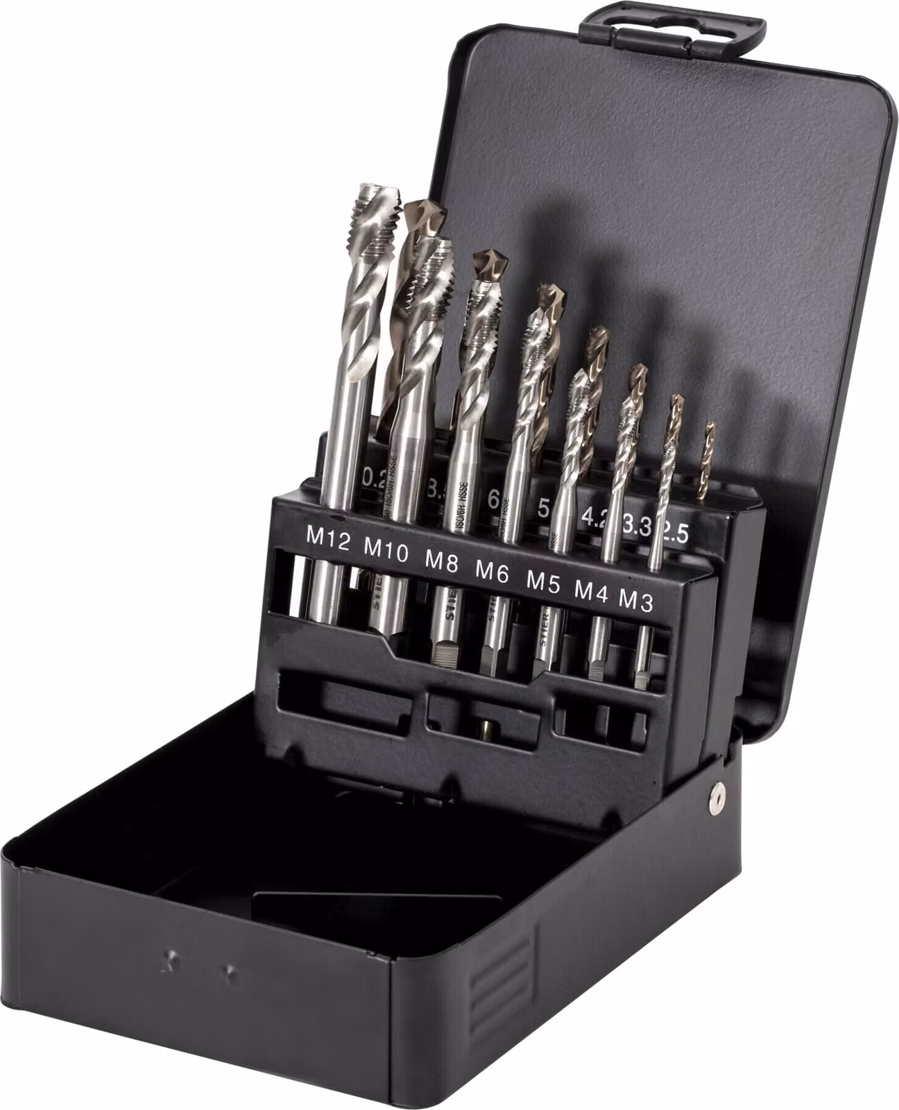 Set di rubinetti a macchina STIER HSS-E Co5, M3-12, forma C 35°, 14 pezzi, in scatola di metallo, rubinetti per fori ciechi