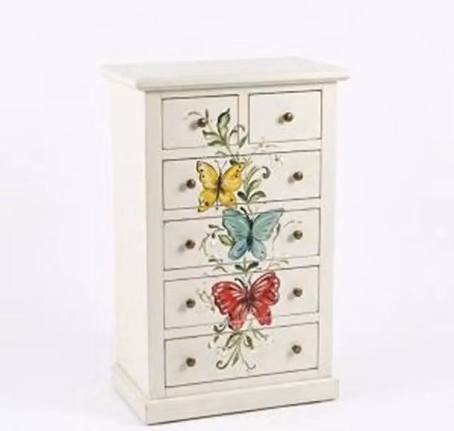 cassettiera cinquino in legno Shabby chic bianco opaco decorato farfalle a mano cassetti lisci