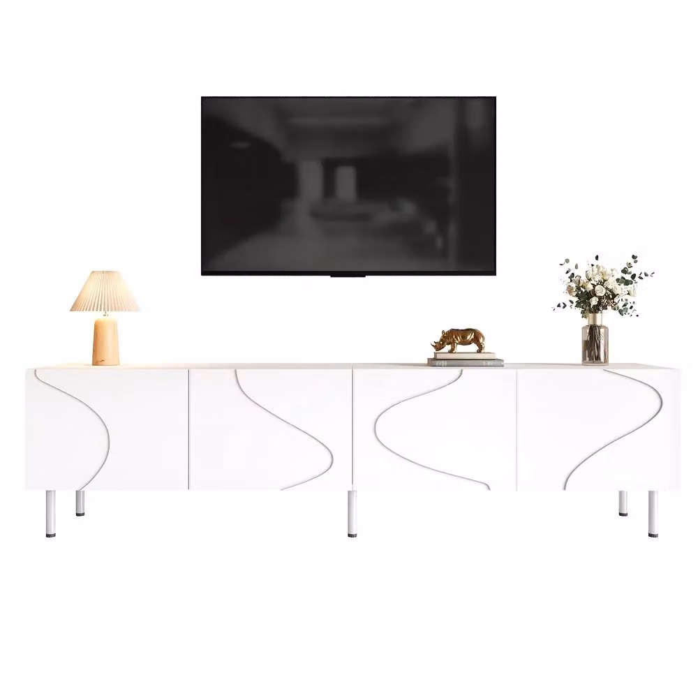 Mobile TV Minimal bianco con 4 ante push to open per soggiorno in MDF design moderno L: 170 cm, P: 35 cm, H: 50 cm – 2
