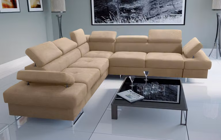 Sofa Couch Polsterung L-Form Wohnzimmer Design Ecke TextilLeder Beige Luxus