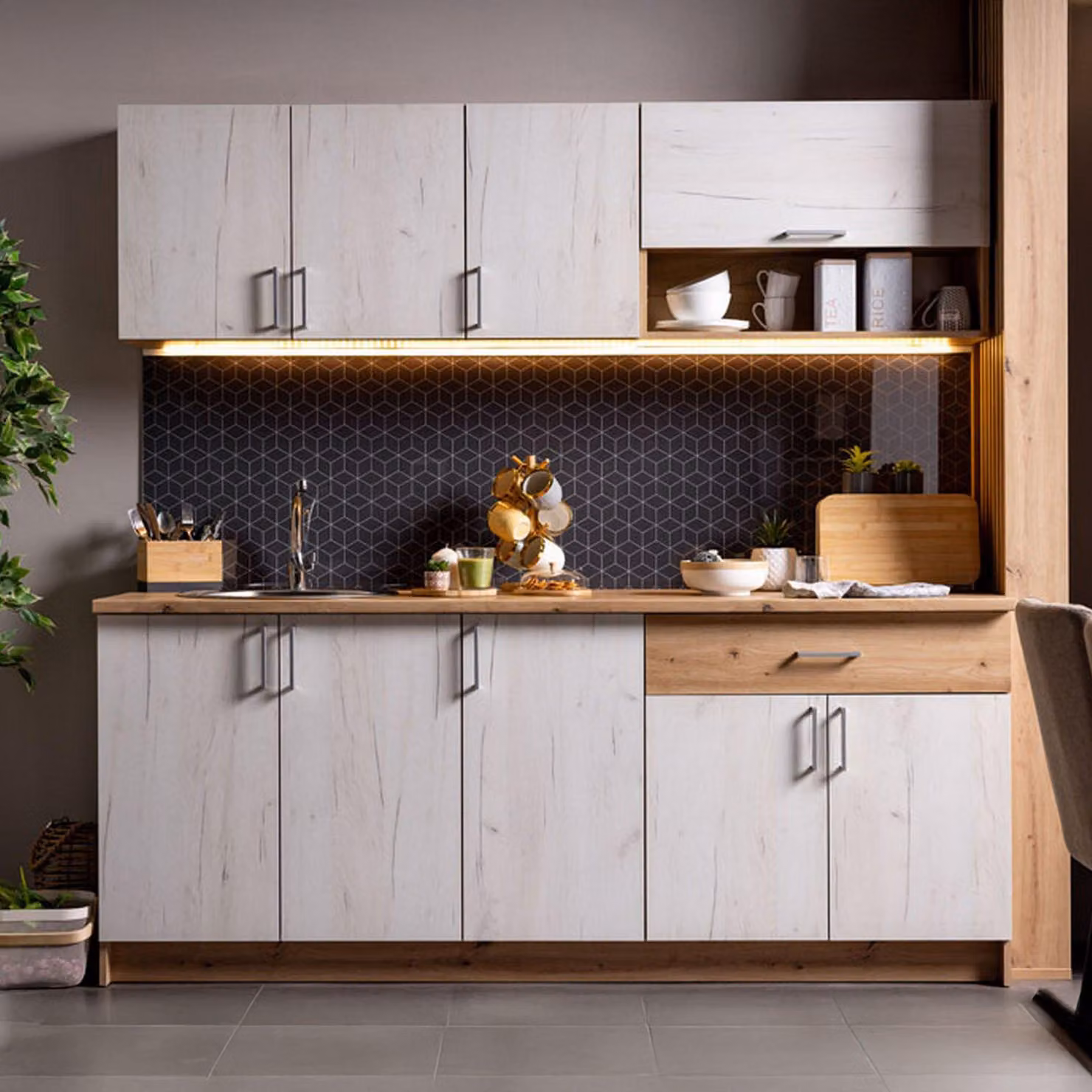 Surano - Cucina, Bianco Larice, un Cassetto, Elettrodomestici non inclusi