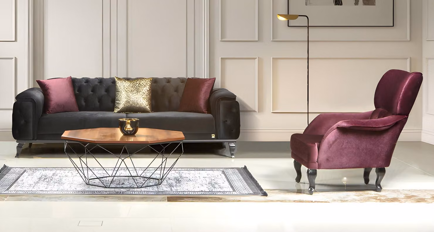 Design Sofa Couch Garnitur Sitzgruppe Kombination Polster Lila Schwarz Set 3+1