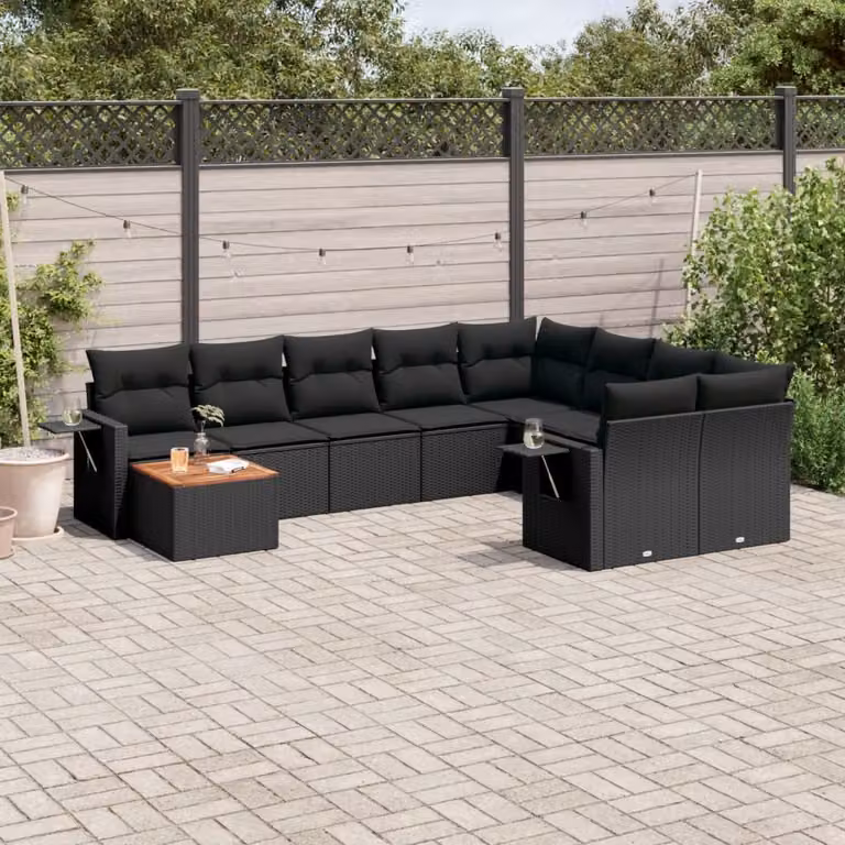 vidaXL Set Divani da Giardino a L 10pz in Polyrattan Nero con Cuscini e Tavolino