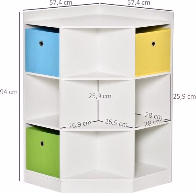 Scaffale angolare per bambini bianco con 9 vani e 3 cassetti