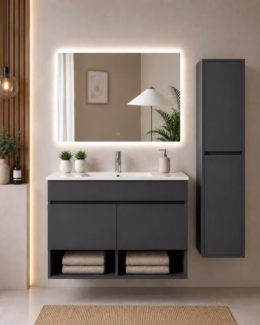 Mobile bagno sospeso con lavabo ORIGENBATH NEBARI con ante con colonna 100x40 cm grafite con colonna