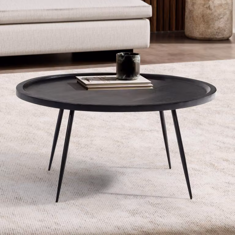 FineBuy Tavolino da caffè in legno massiccio di mango rotondo Ø 75 cm nero - Tavolo da soggiorno moderno con gambe in metallo - Tavolo da divano fatto a mano dal design industriale