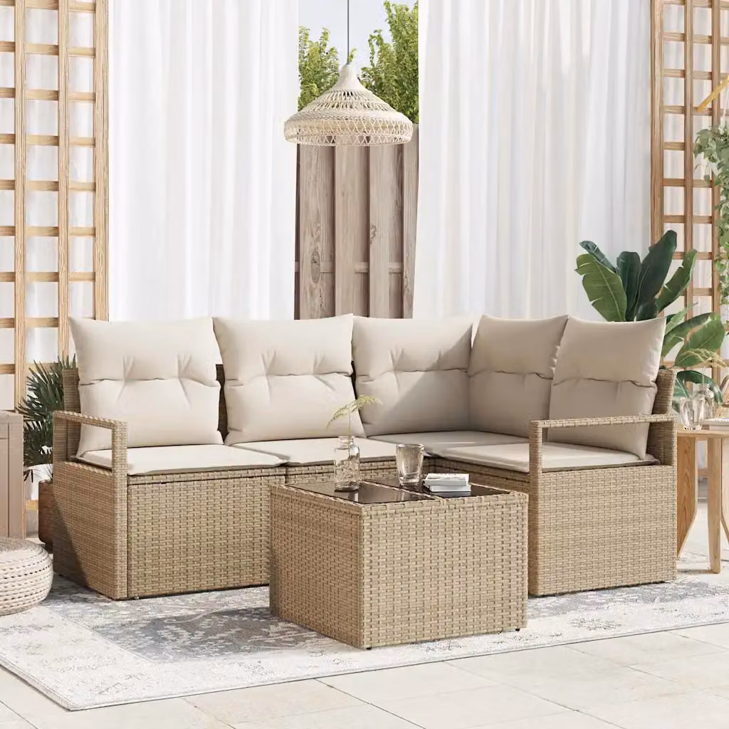 Set di divani da giardino vidaXL a forma di L con tavolo da caffè, 5 pezzi, beige e bianco, in rattan e metallo con cuscini inclusi