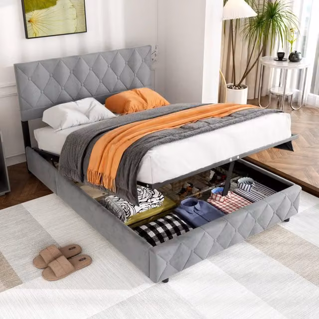 Letto imbottito in velluto grigio 140;5 x 204 cm – Design moderno con testiera trapuntata (senza materasso)