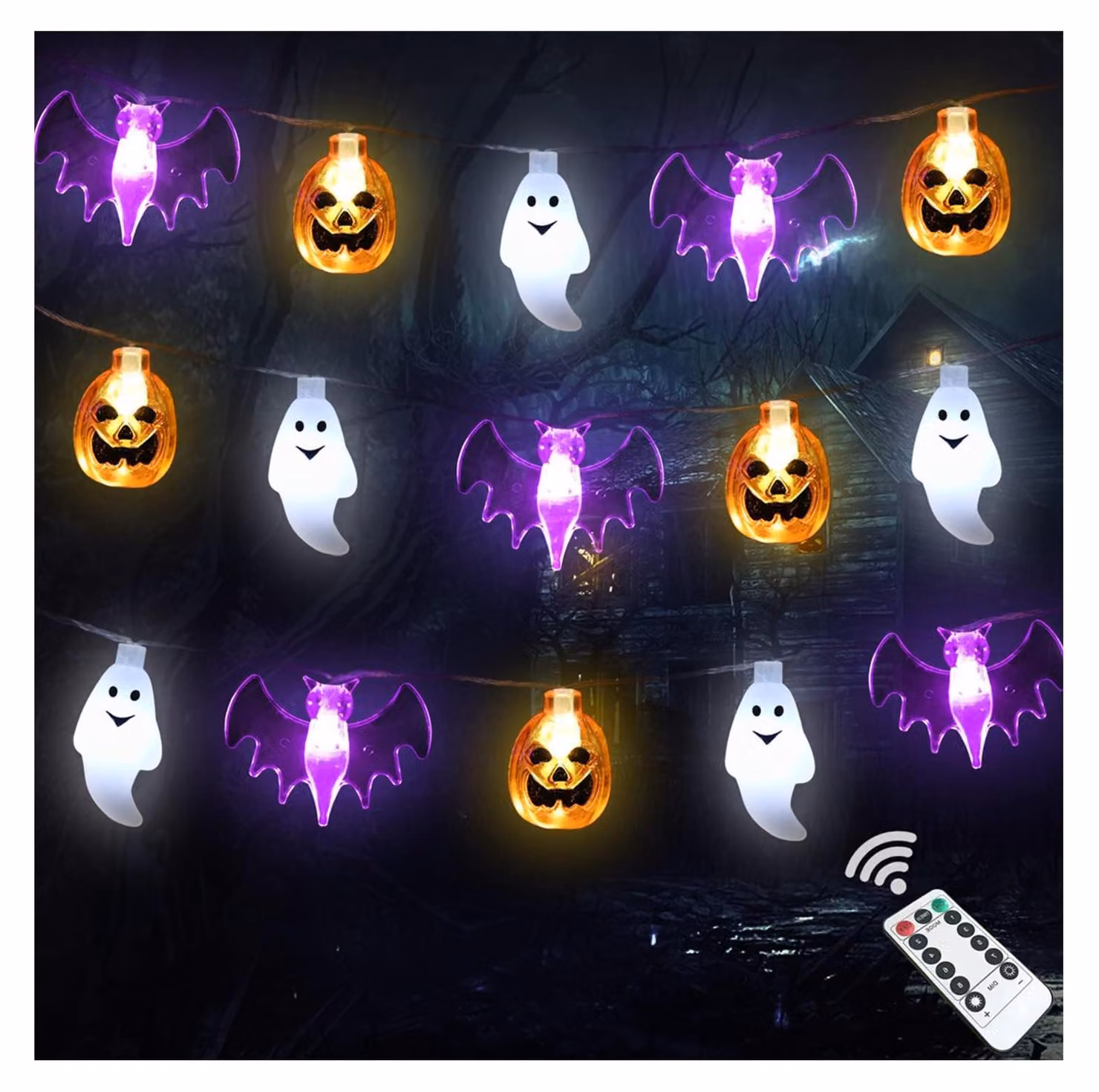 Catena luminosa a tema Halloween, 5 metri, 30 LED, design tridimensionali, alimentazione a batteria, con timer