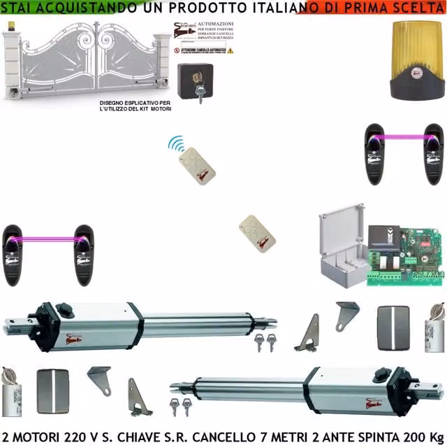Apricancello da 7 Metri 2 Ante da 3,5 Metri Kit Base Automatismo 2 Motori Elettromeccanici 230 V Stelo Retrattile Sblocco Corsa 600 mm Spinta 250 Kg Centrale 2 Radiocomandi Fotocellule Faro Selettore