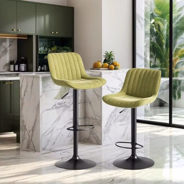 Set di 2 Sgabelli da Bar Minimal Girevoli a 360 Gradi in Velluto Verde con Altezza Regolabile – 1