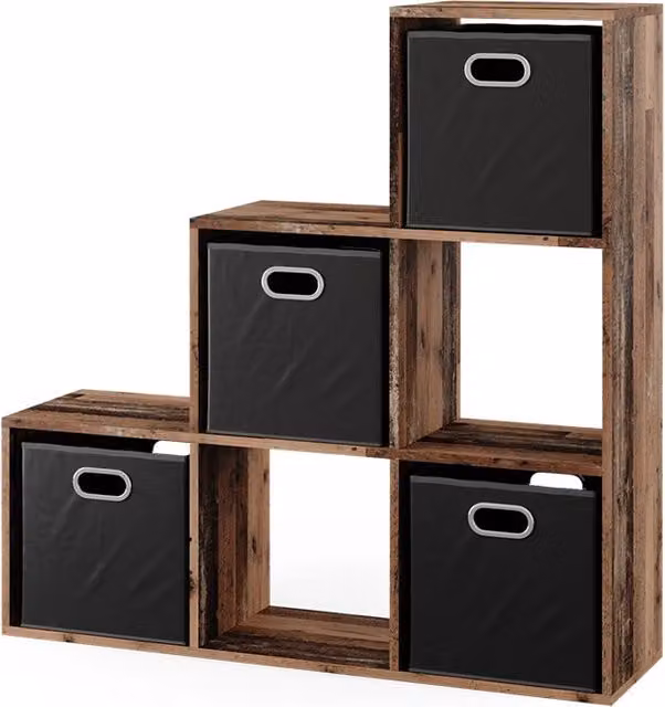 Scaffale a scala Vicco in legno marrone con 4 scatole pieghevoli, L: 107.2 cm, H: 107.8 cm, P: 29 cm