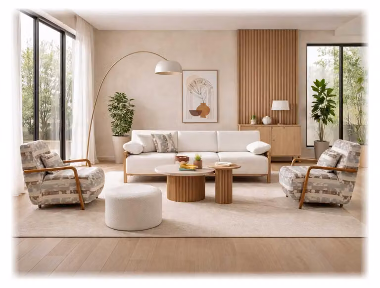 Divano a tre posti, poltrona, tavolino, tavolino di servizio, stile moderno, colore beige