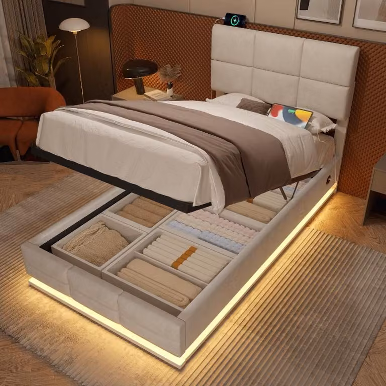 Letto imbottito 90x200 cm con spazio contenitore, letto in velluto beige con poggiatesta regolabile in altezza, dotato di porte USB/Type-C e illuminazione LED per la camera da letto