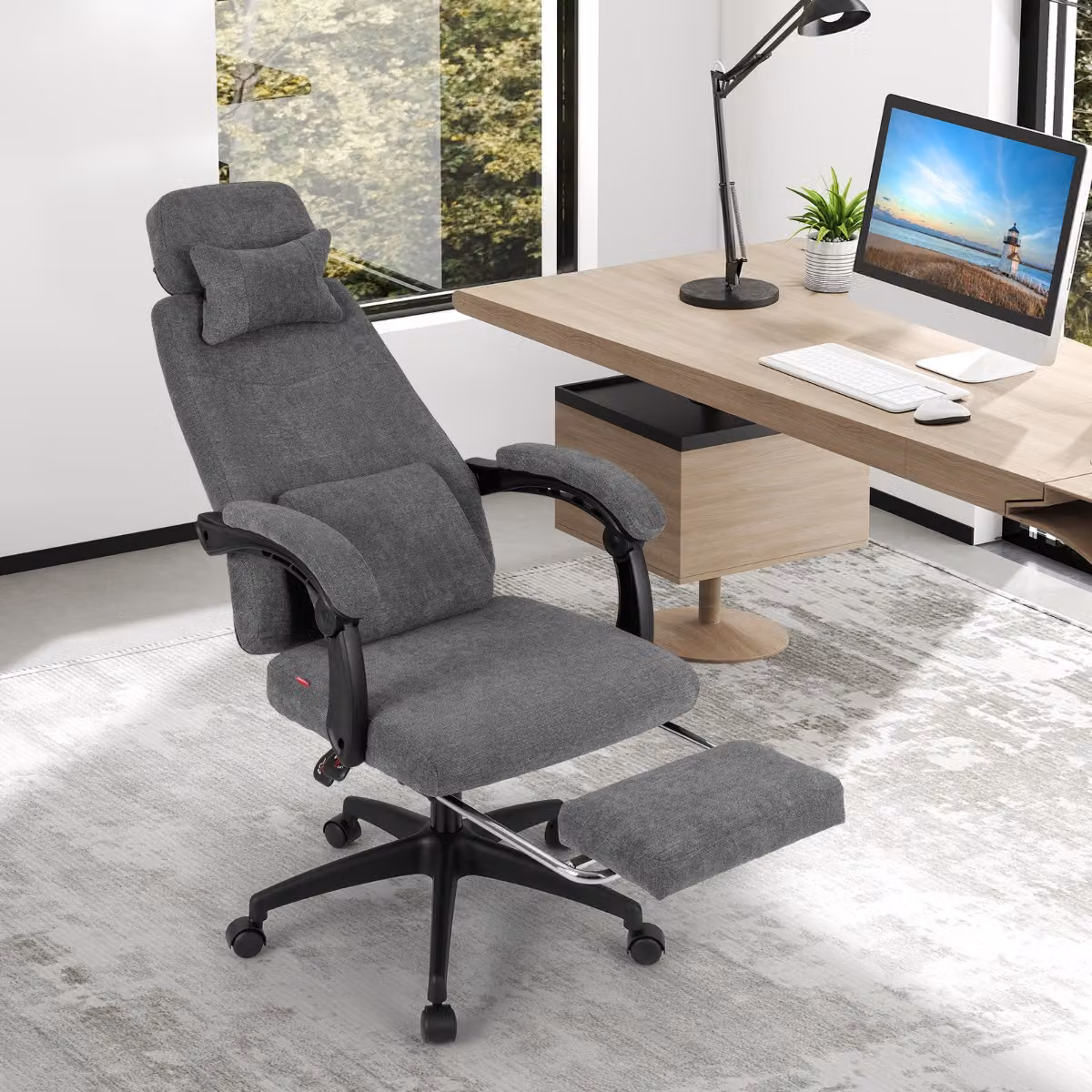 Sedia da ufficio reclinabile Costway in tessuto grigio con braccioli imbottiti e poggiatesta, poltrona esecutiva ergonomica per home office