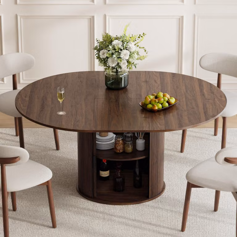 Tavolo allungabile per 6 persone in legno, con spazio contenitivo integrato, piano ribaltabile e gamba dal design moderno, finitura noce scuro