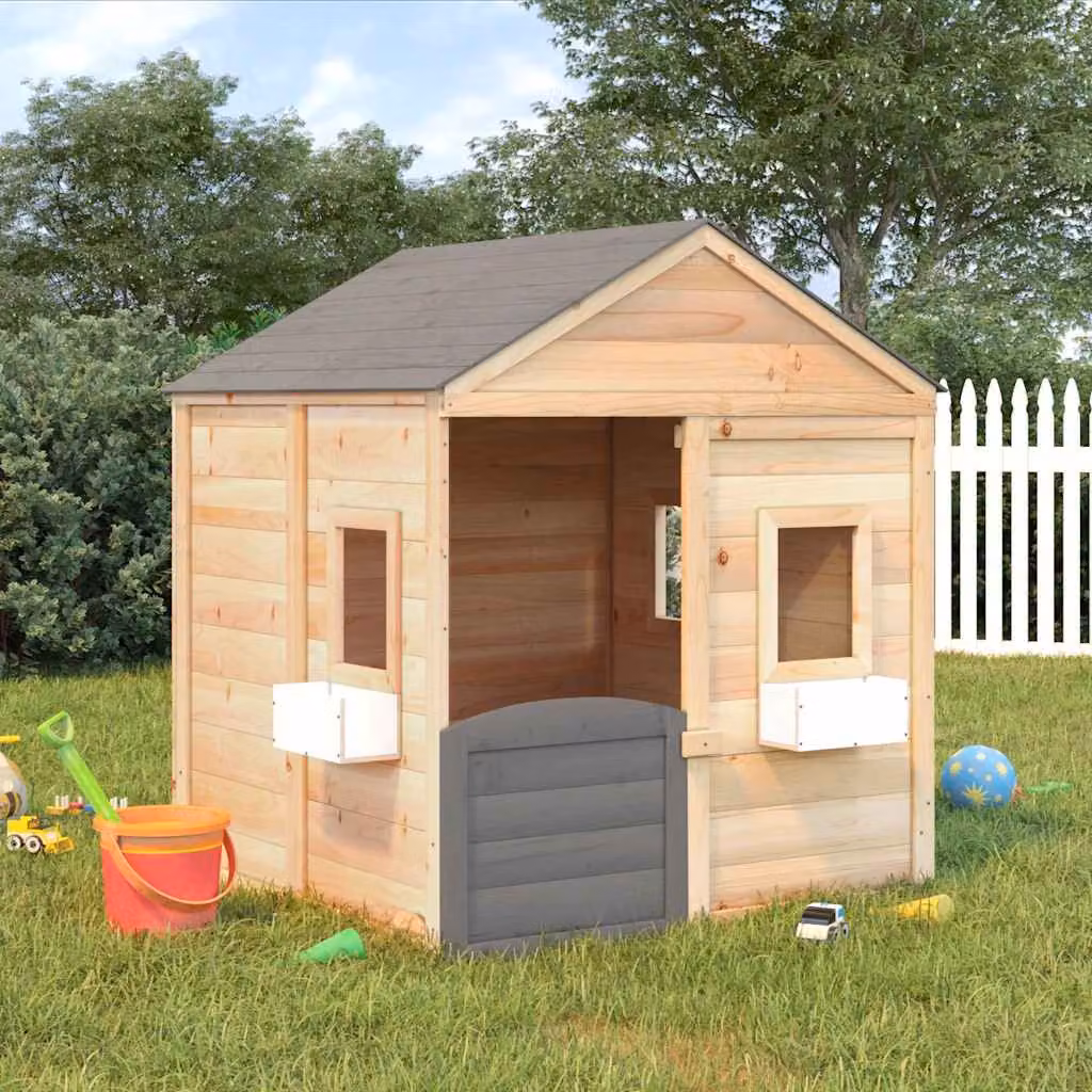vidaXL Casetta per bambini in legno massello grigia con finestra e tetto a capanna L/P/H: 132 x 125 x 120 cm – 1